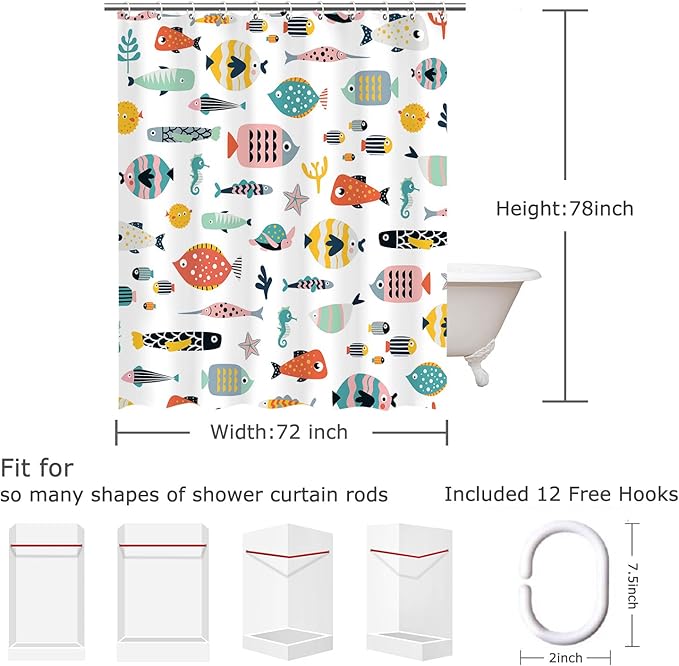 RosieLily Fish Shower Curtain, Kids Bathroom Shower Curtain, Nautical Shower Curtain Set with 12 Hooks, Waterproof Colorful Animal Cartoon Fish Bathroom Decor, 72x78