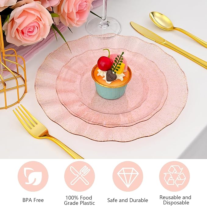 60Pcs Premium Pink Plastic Plates, Fancy Clear Pink and Gold Glitter Disposable Plate, Elegant Wedding Plate Set include 30 Dinner & 30 Dessert Plates for Wedding（30Guests）