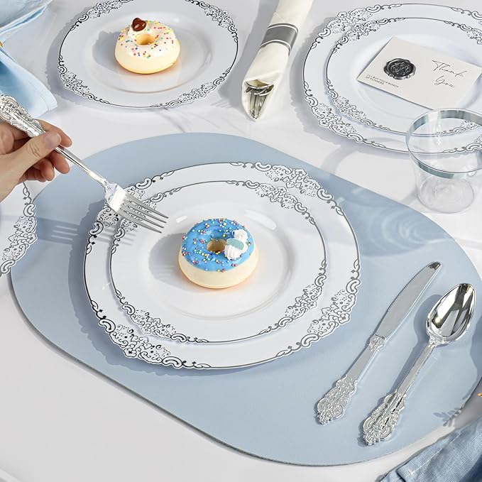 Bestluck 350PCS Silver Plastic Plates for 50 Guests, Disposable Dinnerware Sets Include 100 Silver Rim Plastic Plates, 50 Silverware, 50 Pre Rolled Napkins for Party, Wedding & Decor