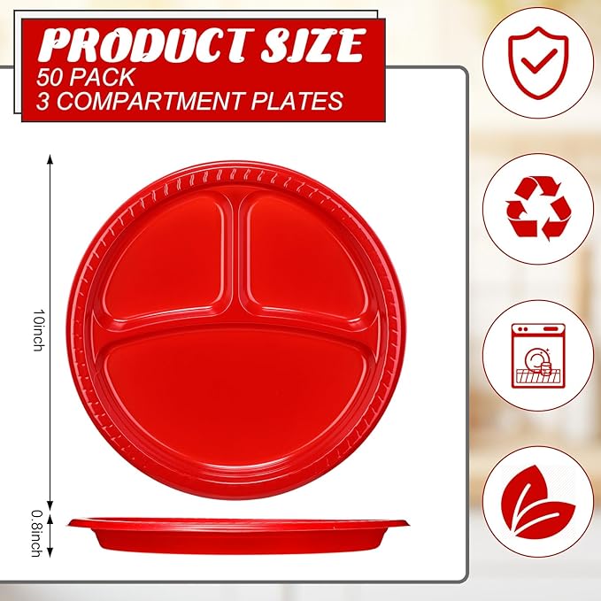 Teenyyou 50 Pcs 10 Inch Plastic 3 Compartment Divided Plates Heavy Disposable Plates Duty Round Dinner Plates with Dividers for Wedding Birthday Party Dinnerware(Red)