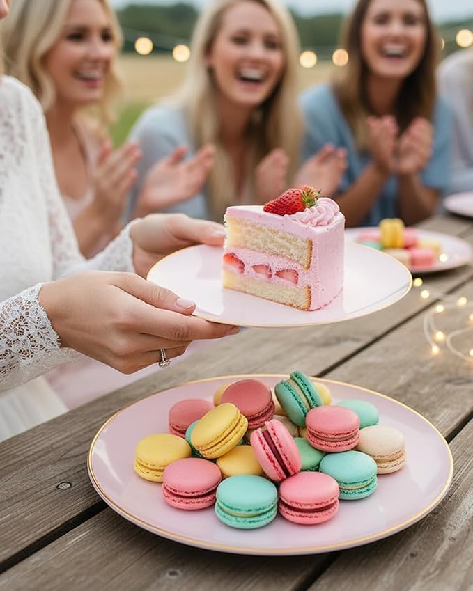 PULOTE 100PCS Pink Plastic Plates - Heavy Duty Pink and Gold Disposable for Party, Wedding, Mother's Day Include 50 Each (Dinner & Dessert) Plates