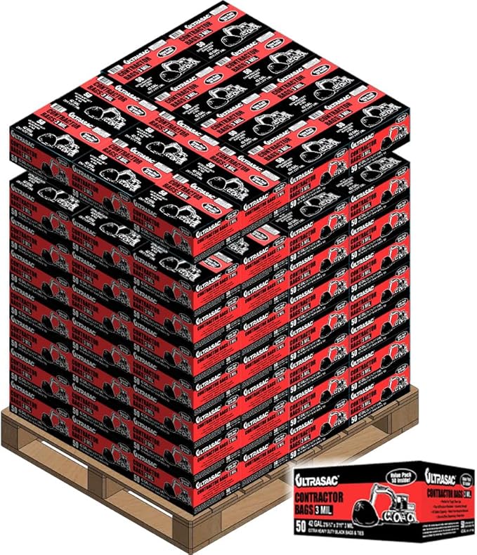 Ultrasac Contractor Bags, 42 Gallon, 32.75" X 47" - 3 MIL Thick Large Black Trashbags for Construction and Commercial use - (1 Pallet of 112 Cases, 5600 Bags Total), 50 Ct. (719963)