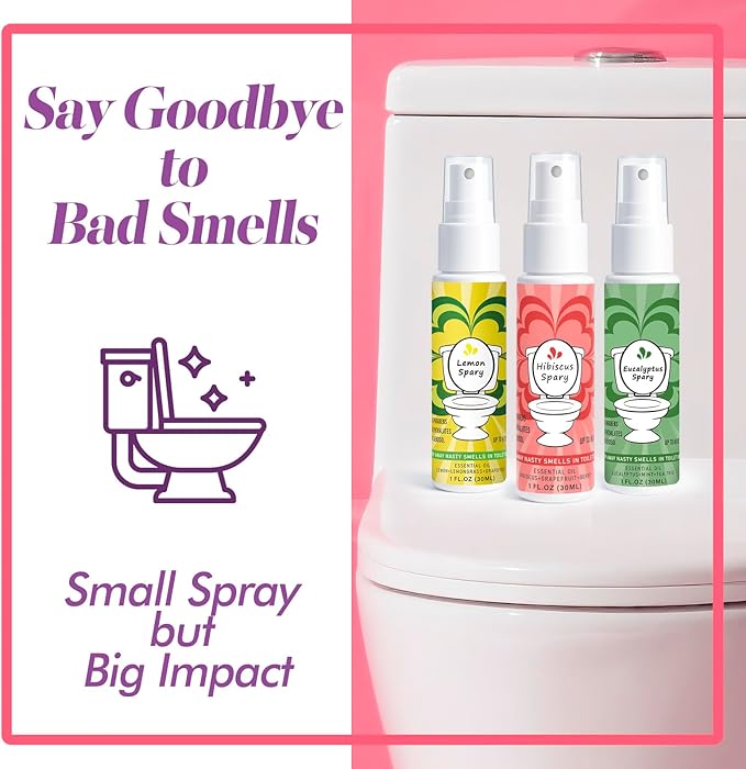 Toilet Spray for Poop 3 Pack, Travel Size Variety, Bathroom Odor Eliminator - Lemon Eucalyptus Hibiscus
