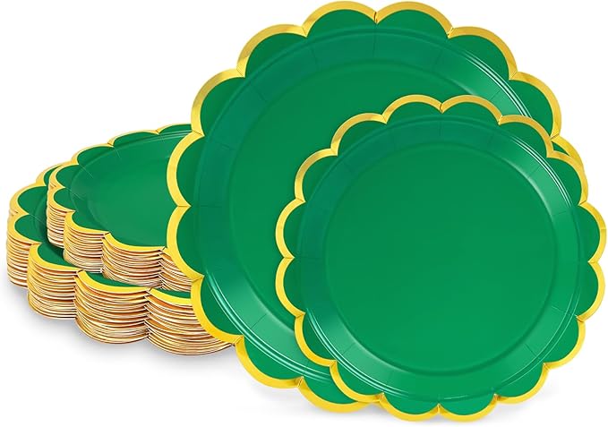 50 Pcs Green Paper Plates, 25 Pcs 9" and 25 Pcs 7" Disposable Green Scalloped Plates with Gold Foil for Graduation Wedding Christmas Baby Shower Birthday Party Picnic BBQ
