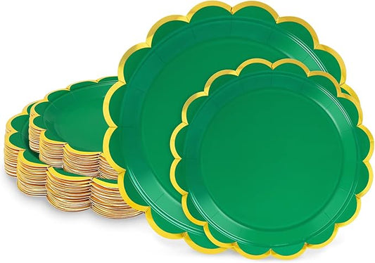 50 Pcs Green Paper Plates, 25 Pcs 9" and 25 Pcs 7" Disposable Green Scalloped Plates with Gold Foil for Graduation Wedding Christmas Baby Shower Birthday Party Picnic BBQ
