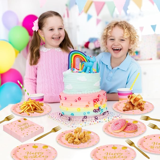 75 Pcs Happy Birthday Paper Plates,Serves 25 Guests Rose Gold Plates and Napkins with Gold Forks,Disposable Paper Tableware Set for Birthday Party Decorations