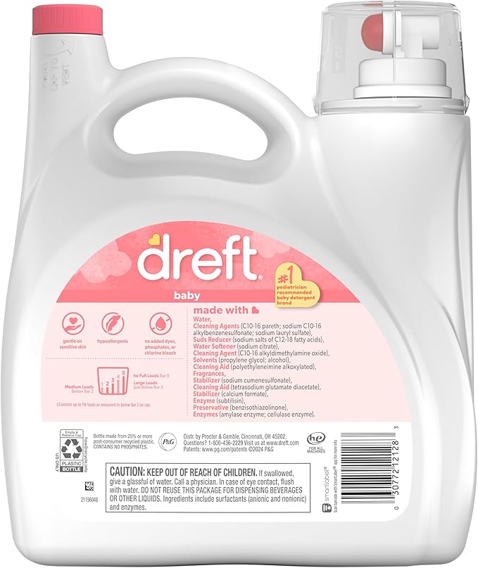 Dreft Baby Liquid Laundry Detergent, Gentle on Sensitive Skin Laundry Soap, 150 fl oz, 114 Loads (Packaging May Vary)