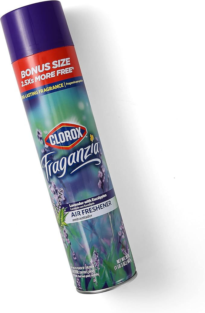 Clorox Fraganzia Aerosol Air Freshener in Lavender with Eucalyptus Scent - Long-Lasting Room Spray, Odor Eliminator for Home, Bathroom, and Bedroom, 20 oz Bonus Size