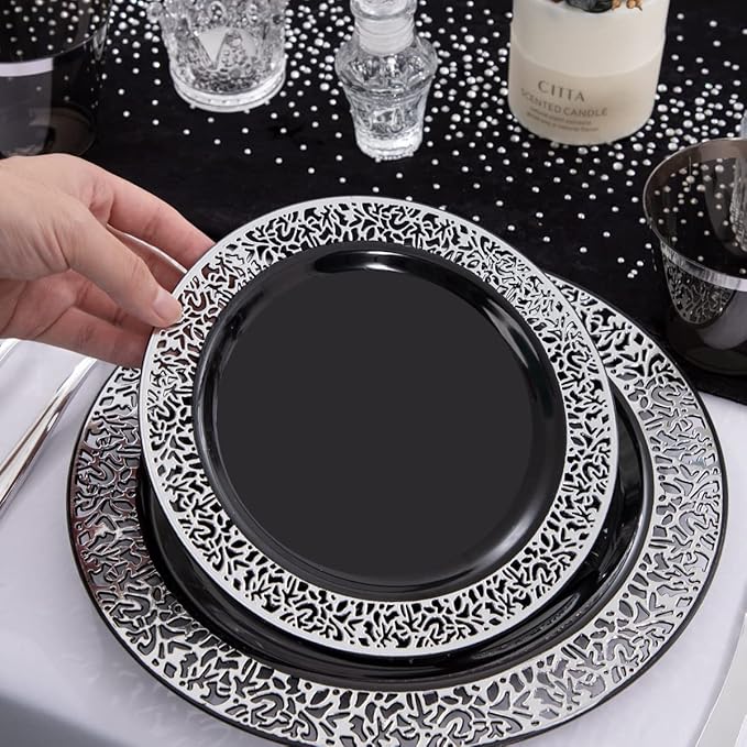 NOCCUR 210PCS Black and Silver Dinnerware Set for 30 Guests - Black Plastic Plates with Silver Rim Include 30 Dinner / 30 Dessert Plates, 30 Prewrapped Silverware, 30 Cups Ideal for Party/Graduation
