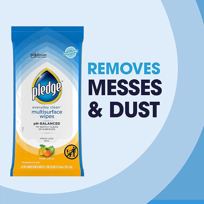 Pledge Multisurface Cleaning Wipes, pH Balanced, Fresh Citrus, 25 Count (Pack of 12)