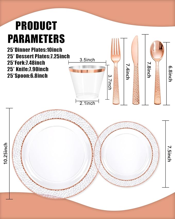 Ciaell 350PCS Rose Gold Plastic Plates - Clear Rose Gold Disposable Plates with Plastic Silverware include 100Plates, 150Silverware, 50Cups, 50Napkins for Wedding & Party
