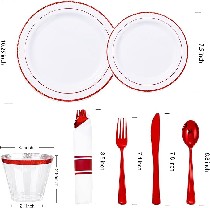 WELLIFE 700 Pieces Red Plastic Plates - Disposable Silverware and Cups, Include: 100 Dinner Plates 10.25”, 100 Dessert Plates 7.5”, 100 Red Cups 9 OZ, 100 Plastic Cutlery