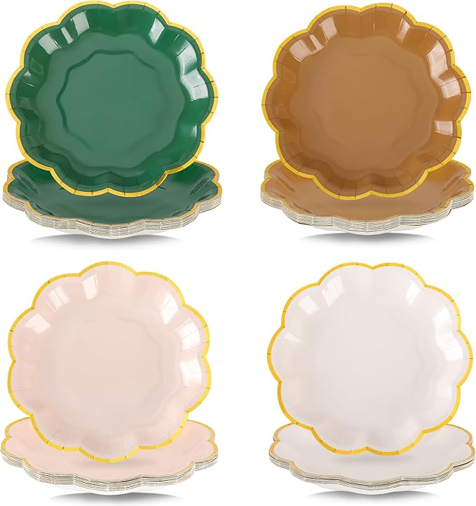 AimFun 48Pcs Woodland Scalloped Party Plates 7 Inch Sage Green Brown Disposable Dessert Plates Gold Foil Border Paper Plates for Birthday Baby Shower Wedding Forest Themed Party Supplies