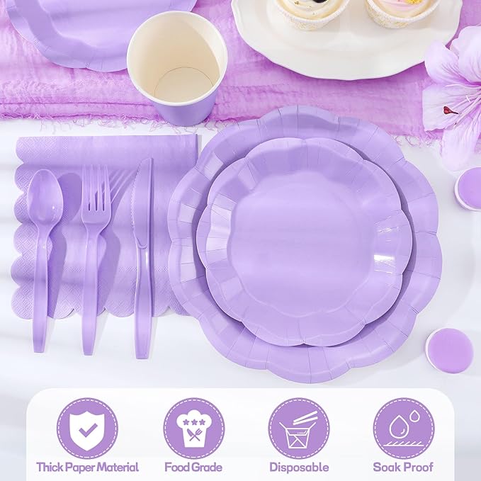 175 Pcs Light Purple Plates and Napkins Set, 25 Guest Purple Party Supplies Include Scalloped Plate Paper Napkin Cup Forks Knives Disposable Plastic Cutlery for Wedding Baby Shower Birthday Party