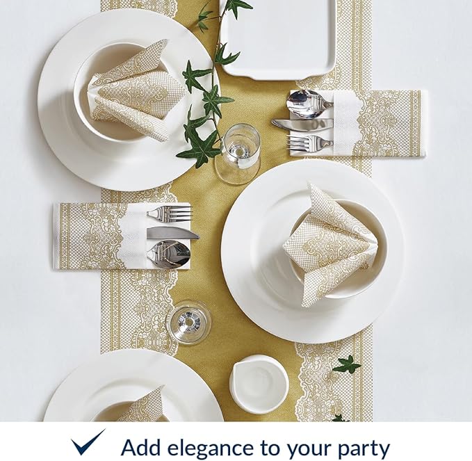 PAW - Linen Feel Napkins with Built-in Flatware Pocket, Soft and Absorbent Paper Pre-Folded Napkins with Gold Lace, Elegant Guest Towels, Wedding Party, Dinner, Birthday, Gatherings, 50 Count