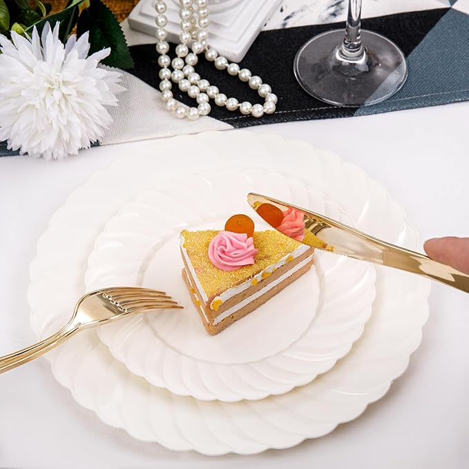 U-QE 100 Piece Ivory Scalloped Plastic Plates for Party - Plastic Plates Disposable Heavy Duty - High End Disposable Plates for Wedding Including 50PCS 9 '' Dinner Plates & 50PCS 6.5 '' Dessert Plates