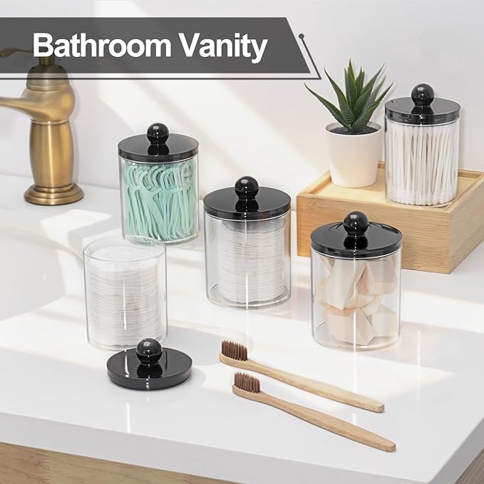 SheeChung 6 Pack Acrylic Qtip Holder Dispenser,Bathroom Jars with Lid Set for Cotton Swabs,Balls,Pads,Floss,Clear Plastic Canisters Apothecary Jar,Bathroom Essential Makeup Vanity Organizer(10oz-12oz)