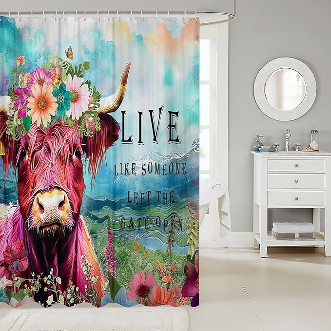 Highland Cow Flower Waterproof Shower Curtain 72"Wx72"L Watercolor Bull Cattle Shower Curtain Western Funny Animal Bath Curtain Wildlife Farmhouse Cow Curtains Garland Floral Wreath Bathroom Decor