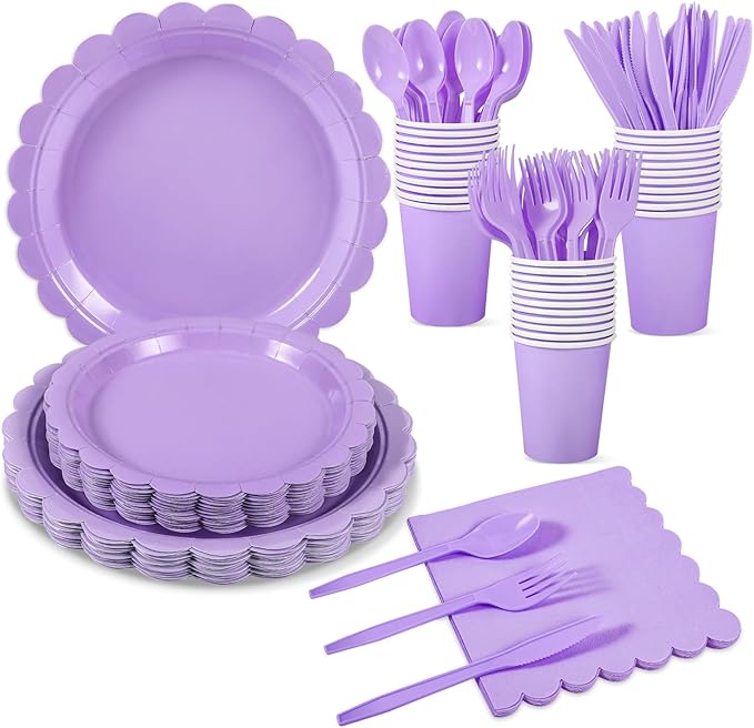 175 Pcs Lavender Paper Plates and Napkins, Light Purple Party Supplies Include Scalloped Party Plates Napkin Cup Plastic Cutlery for Girls Birthday, Bridal Baby Shower, Wedding