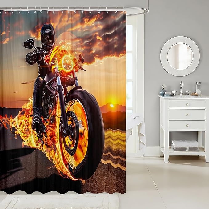 Erosebridal Boys Autocycle Shower Curtain, Flame Motorcycle Bathroom Shower Curtain Dirt Bike Motocross Bath Curtain Extreme Sport Gamer Bathroom Shower Curtains, Waterproof 72" W x 72" L