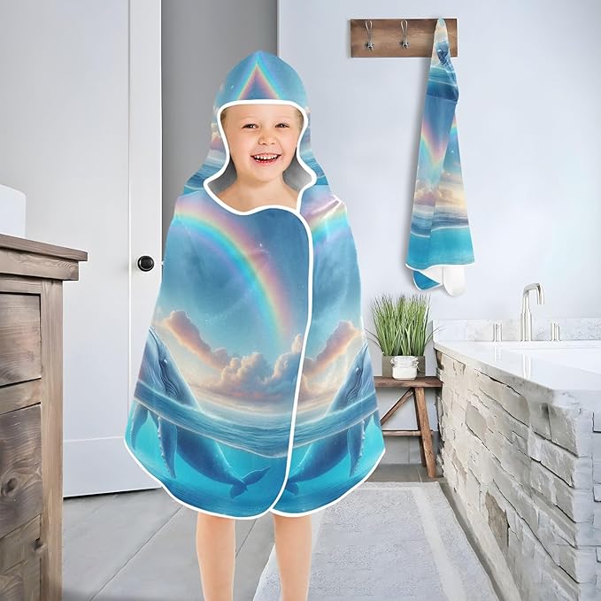 Hooded Towel for Kids Whale Under Rainbow Beach Wrap Bath Towels 50x23.5in