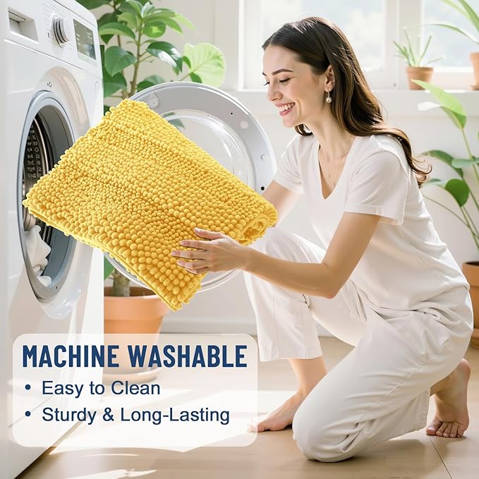 Grandaily Chenille Striped Bathroom Rugs 47x24, Extra Thick and Soft Absorbent Bath Mats, Rubber Backing, Plush Shaggy Shower Carpet, Machine Wash Dry, Bath Rug for Bathroom, Light Yellow