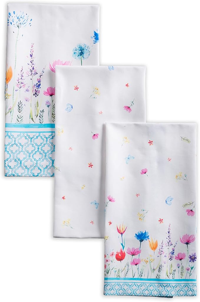 Maison d' Hermine Kitchen Towels Set of 3 100% Cotton 27.50" x 20" Reusable Cloth Tea Dish Towels Absorbent with Hanging Loop for Kitchen Farmhouse Hotel Spring Summer - Flower in The Field