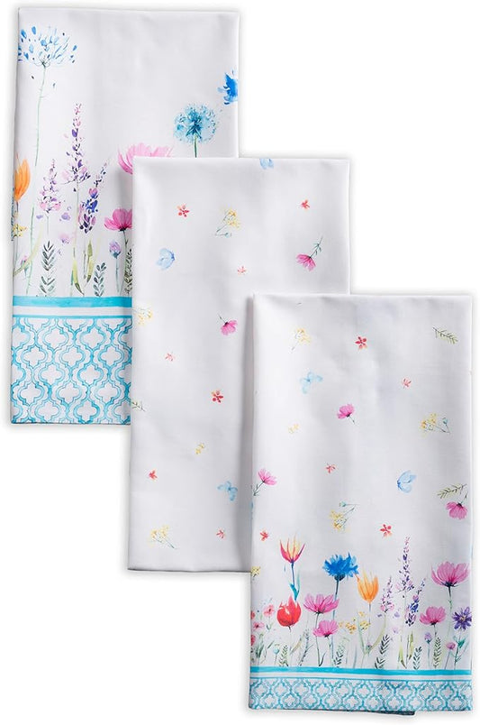 Maison d' Hermine Kitchen Towels Set of 3 100% Cotton 27.50" x 20" Reusable Cloth Tea Dish Towels Absorbent with Hanging Loop for Kitchen Farmhouse Hotel Spring Summer - Flower in The Field