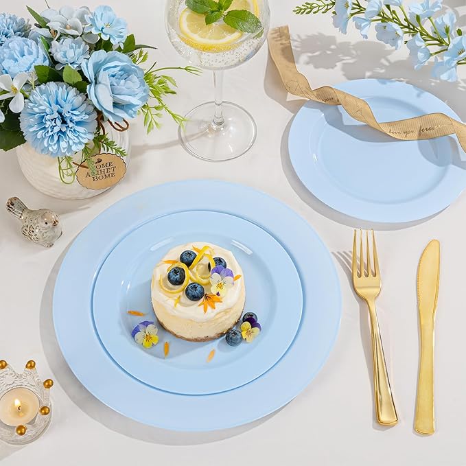 FLOWERCAT 60PCS Light Blue Heavy Duty Plastic Disposable Party Plates Set – 30pcs 10.25″ Dinner & 30pcs 7.5″ Dessert Plates – Durable Blue Tableware for Easter Parties, Wedding, BBQ & Baby Shower