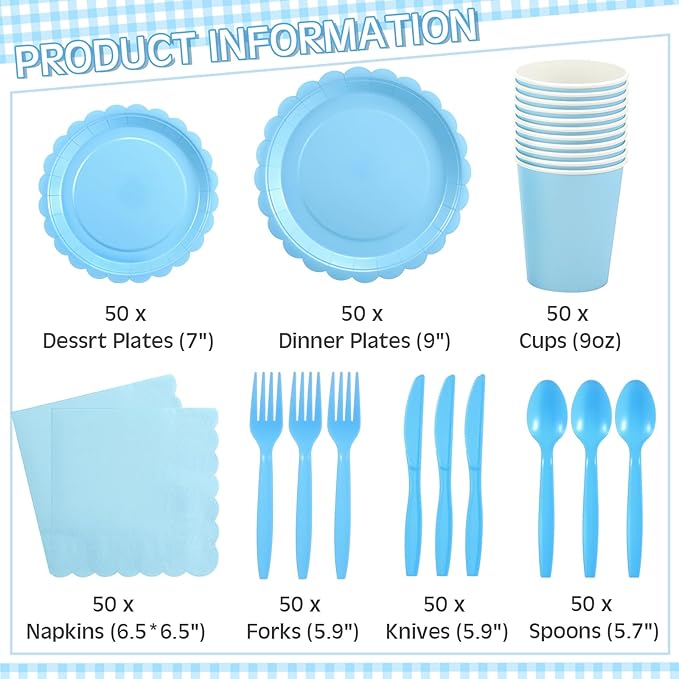 Ziliny 200 Pcs Light Blue Plates and Napkins, 25 Guest Spring Party Supplies Include Scalloped Paper Plates Napkins Cups Plastic Spoons Forks Knives Disposable Tableware Set for Baby Shower
