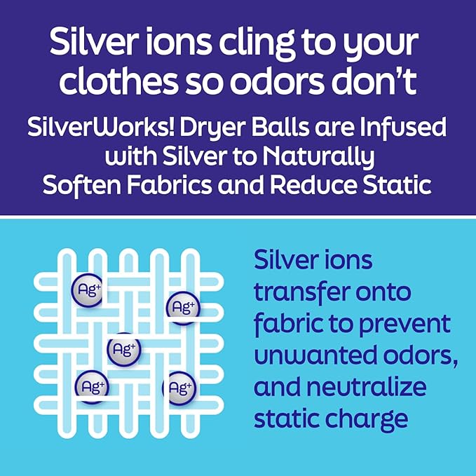 SilverWorks! Wool Dryer Balls Laundry Reusable - Odor Eliminating Dryer Laundry Balls with Silver Technology - Natural Fabric Softener and Static Reducer, Reduce Drying Time and Energy Costs - 4 Pack