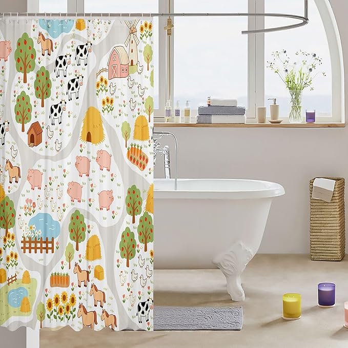 Cartoon Animals Shower Curtains Farm Animal Bathroom Curtains,Horse Cow Pig Waterproof Bath Curtains with 12 Hooks Suit for Bathtub,Colorful Flower Plant Kids Boys Girls Room Decor, 72" W x 78" L