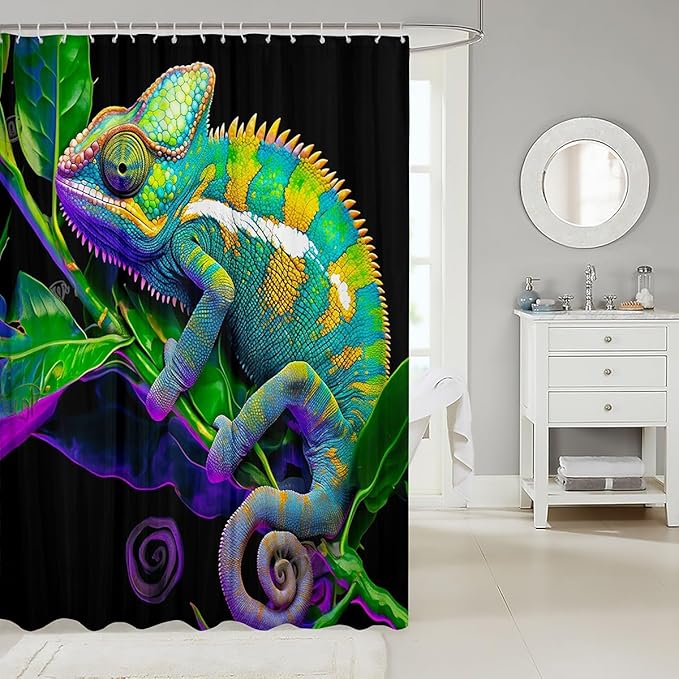 Colorful Chameleon Shower Curtain for Stalls Bathtubs Lizard Leaves Bathroom Shower Curtain Set Decorative Tropical Animal Bath Curtain Wildlife Style Decor Waterproof Bathroom Curtains 72x84 Inch