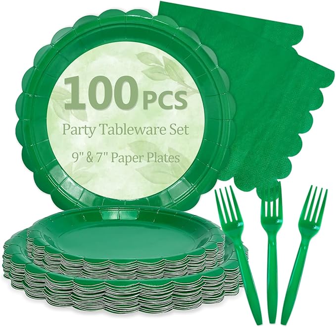 Mulbozy 100 Green Plates and Napkins Disposable Set Includes 25-9" & 25-7" Dessert Cake Scalloped Plates, Cocktail Napkins, Forks for for Holiday Party Supplies