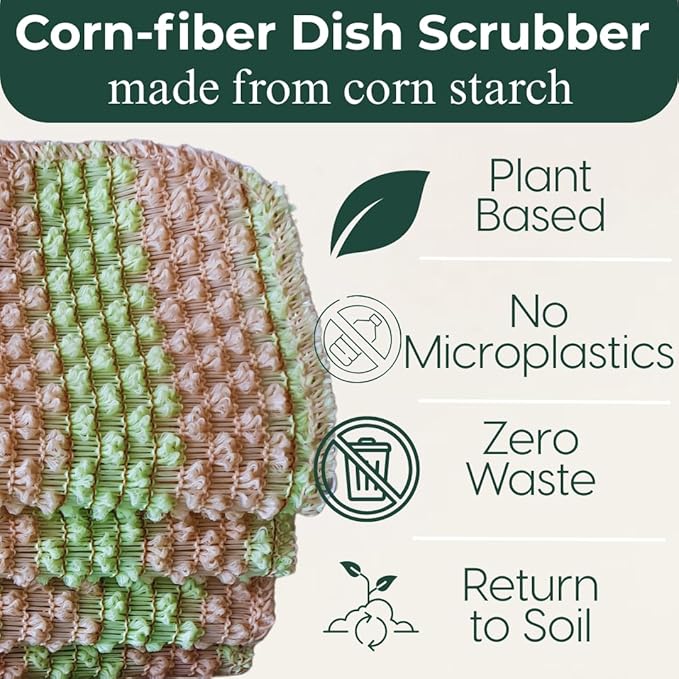 mibboom's Plant-Based Dish Scrubber [10 Pack] - Non-Scratch Corn Scourer, Odor-Free Kitchen Sponges, No Microplastic Dish Cloths for Nonstick Pans, Made in Korea
