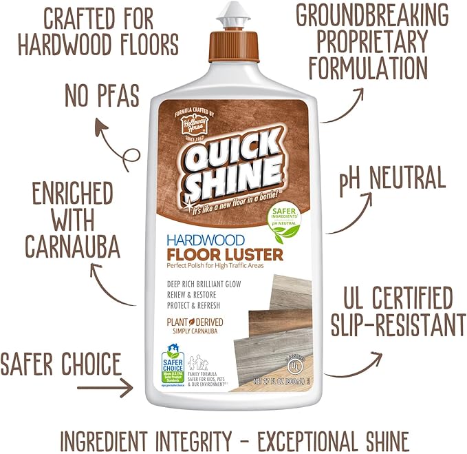 Quick Shine Hardwood Floor Luster-Polish 27oz-2pk | Plant-Derived w/Carnauba | Safer Choice, No PFAS, pH Neutral | Ready to Use Formula w/Anti-Slip Technology | Simply Squirt & Spread | Made in USA