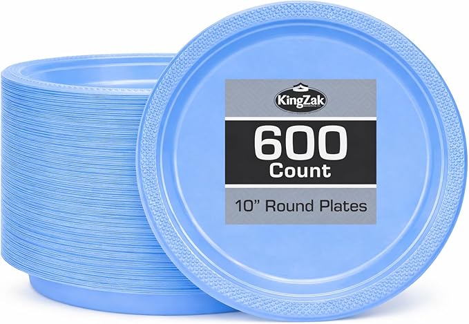Hanna K. Signature Light Blue Plastic Plates 10 Inch 600 Count – Heavy Duty Disposable Dinner Plates Bulk for Catering, Weddings & Events