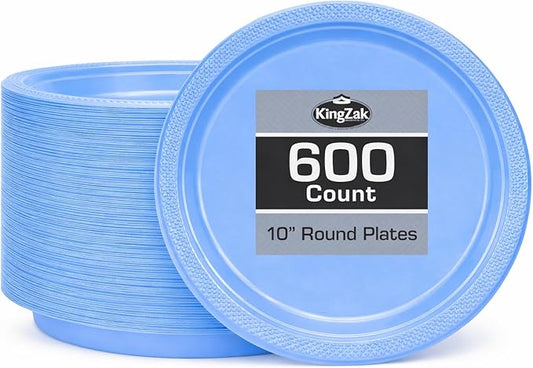 Hanna K. Signature Light Blue Plastic Plates 10 Inch 600 Count – Heavy Duty Disposable Dinner Plates Bulk for Catering, Weddings & Events