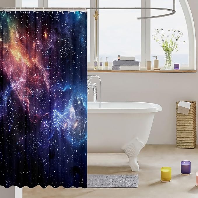 Galaxy Bath Curtain Outer Space Shower Curtain for Kids 3D Printed Space Bathroom Shower Curtain Set Waterproof Decor Space Outer Sky Purple Universe Cloud Galaxy Kids Bathroom Accessories 72"x72"