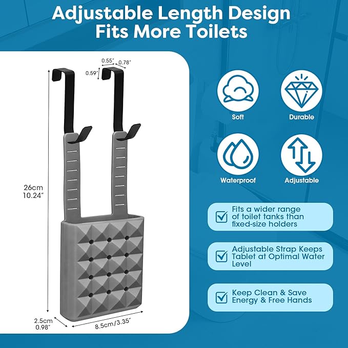 Adjustable Toilet Tank Cleaning Tablet Holder-Hanging Silicone Basket Carrier with Rustproof Hooks for Bowl Cleaner & Bleach Tablet Organizer, Accessory Fit Up to 7" Water Level