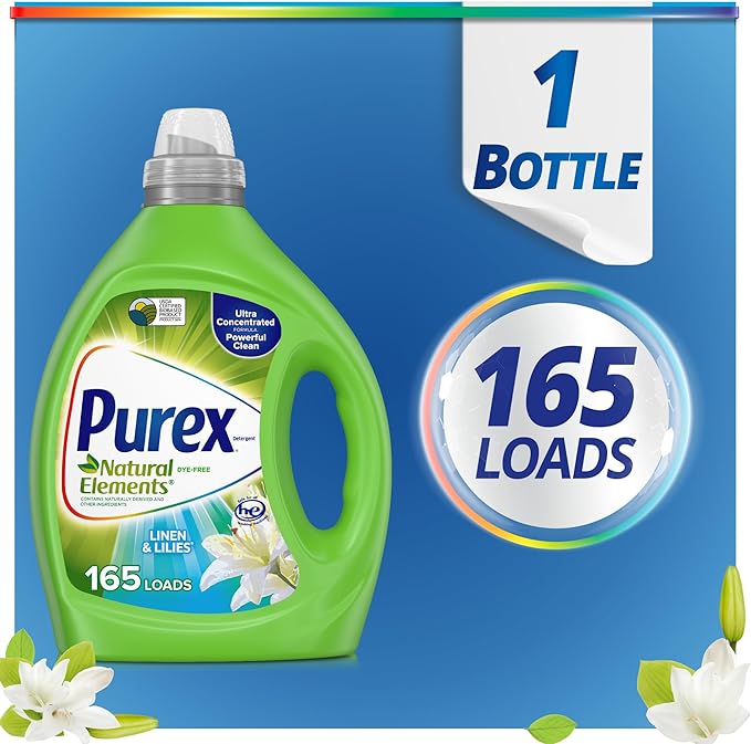 Purex Natural Elements Fresh Lilies & Linen Liquid Detergent, 82.5 oz, 165 Loads, Ultra-Concentrated, Dye-Free, USDA Certified Biobased Product