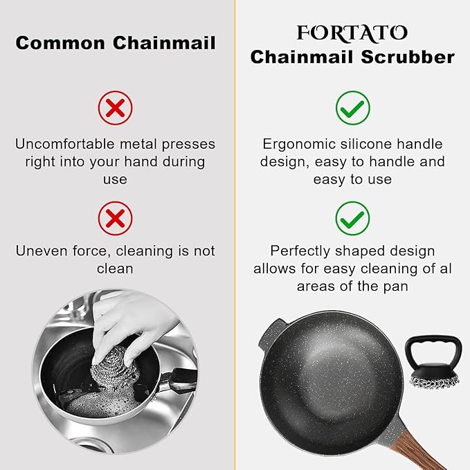 Cast Iron Scrubber 316L Chainmail Cleaner for Pans, Frying Pans & Grills, Ergonomic Handle &Large Panel for Cleaning Cast Iron