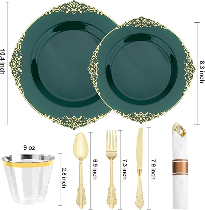 Realluck 350 PCS Green and Gold Plastic Plates, Plastic Dinnerware Set for 50 Guests, 100 Disposable Plates, 150 Silverwares, 50 Cups, 50 Napkins for Party, Wedding, Graduation
