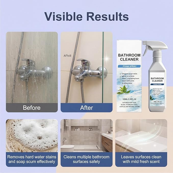 3.38Oz Bathroom Cleaner Foam Spray, Scale Remover Bathroom Cleaner, Powerful Scale Remover, Suitable For Tiles, Glass, Stainless, Steel (1pcs)