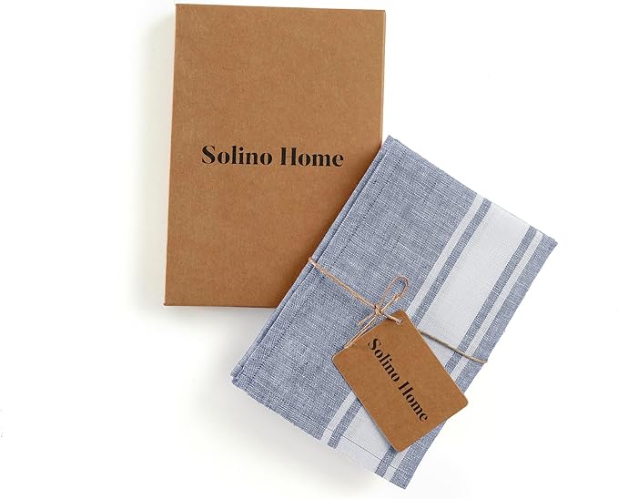 Solino Home Blue Linen Kitchen Towels Set of 2-100% Pure Linen 17 x 26 Inch Country Stripe Tea Towels with Hanging Loop- Soft & Durable European Flax Kitchen Dish Cloth-Quick Dry & Machine Washable