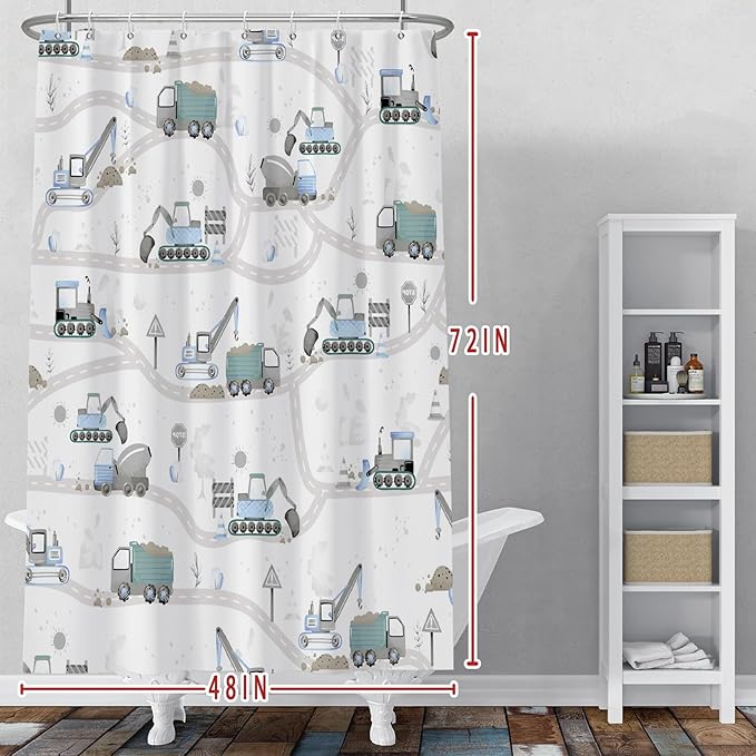Excavator Kids Shower Curtain Sets Cartoon Construction Truck Tractor Car Bathroom Decor Fabric Polyester Waterproof 48x72 Inches with 8 Hooks for Boys Machinery Vehicle Bath Curtains