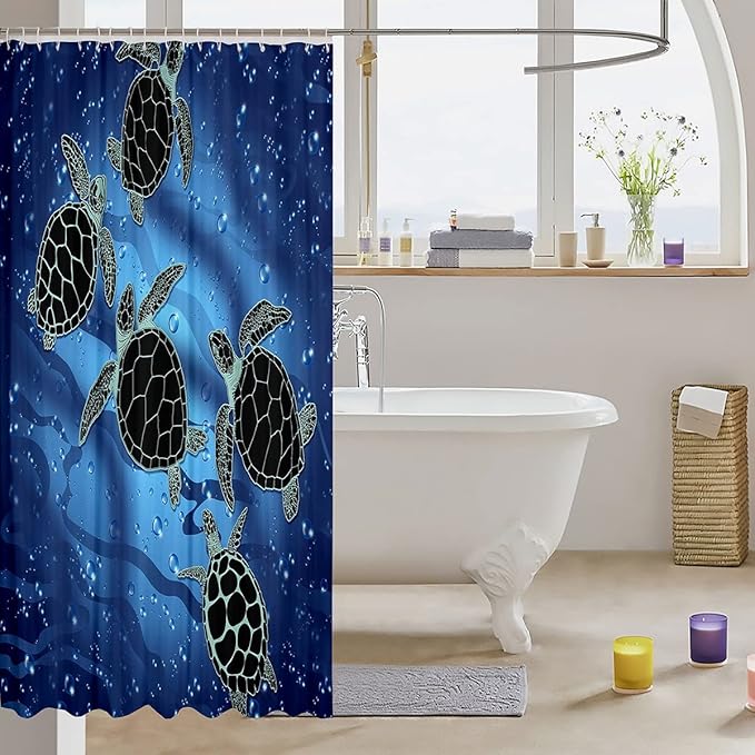 Tribal Sea Turtles Shower Curtain Navy Blue Ocean Bath Curtain for Boys,Exotic Tortoise Bathtubs Shower Curtain Set Tropical Coastal Creature Toilet Decor Nautical Sea Animal Bath Decor 72"Wx84"L