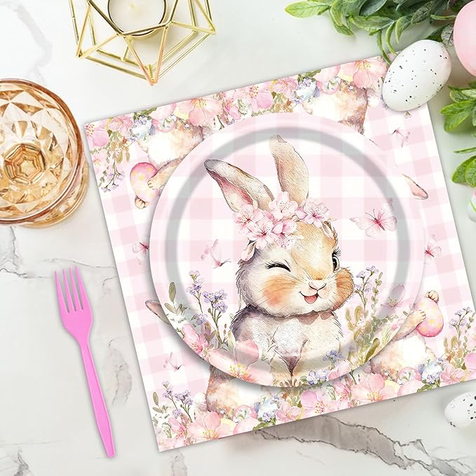 100 Pcs Easter Gingham Tableware Party Supplies - Disposable Pastel Plaid Bunny Dinnerware Set with Paper Plates and Napkins for Spring Parties,Easter Celebrations,and Holiday Gatherings - Serves 25