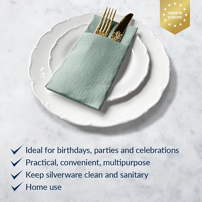 PAW - Sage Linen Feel Napkins with Built-in Flatware Pocket, Airlaid Paper Pre-Folded Napkins for Silverware, Wedding Party, Dinner, Birthday, Gatherings, Monocolor Light Green, 50 Count