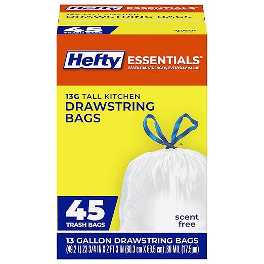 Hefty Essentials Drawstring 13 Gallon Kitchen Trash Bags, 45 Count, Tall Unscented Trash Bags for Kitchens, Home Offices, or Laundry Rooms, Easy to Tie, Lift, and Carry, White (Pack of 6)